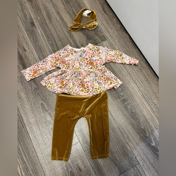 Mud Pie Baby Girl Brown White Floral Velvet Set With Bow Size 6-9 Months - Picture 2 of 3